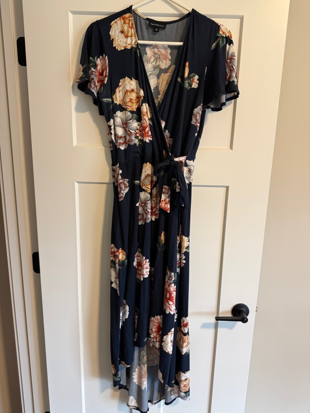 Fortune + Ivy Navy Floral Faux Wrap Maxi with Cream and Blush Blooms